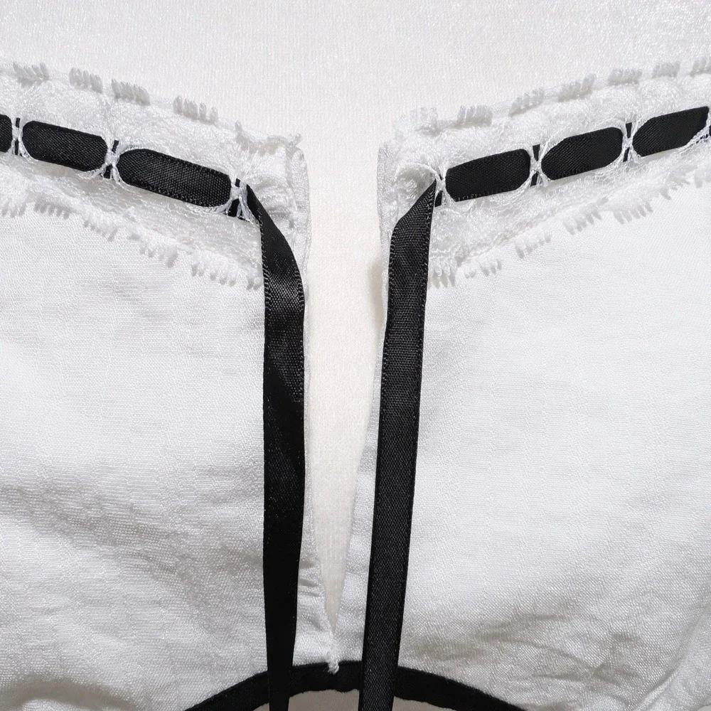 White Milkmaid Top Black Ribbon Trim Smocked Back Coquette Cottagecore Summer L